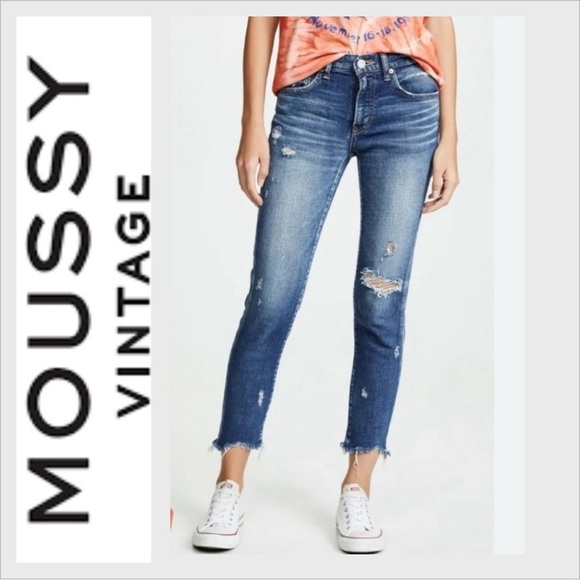 Moussy Vintage Glendale Mid Rise Distressed Tapered Cropped Jeans Blue Denim 28